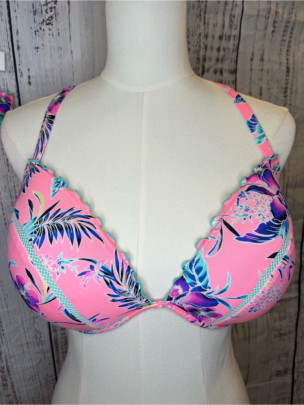 Shade & Shore 38DD Tropical Floral Bikini Top Crisscross Back Pink Teal